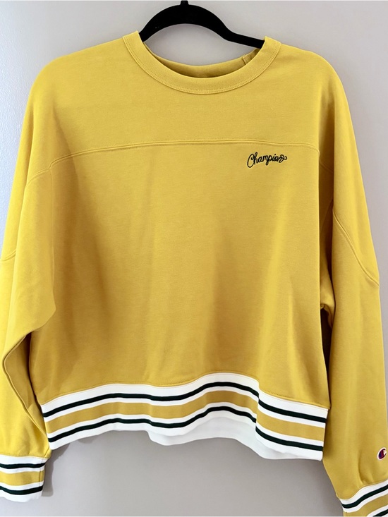 Champion Tops - Champion Script Logo Mustard Yellow Striped Trim Crewneck Sweatshirt XXL